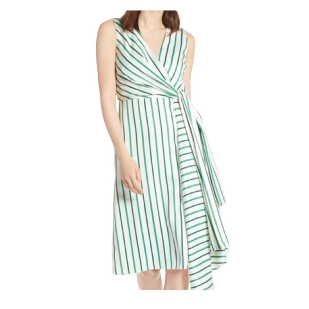 Halogen Draped Faux Wrap Striped Green White Dress L Green White Lined - Picture 12 of 16